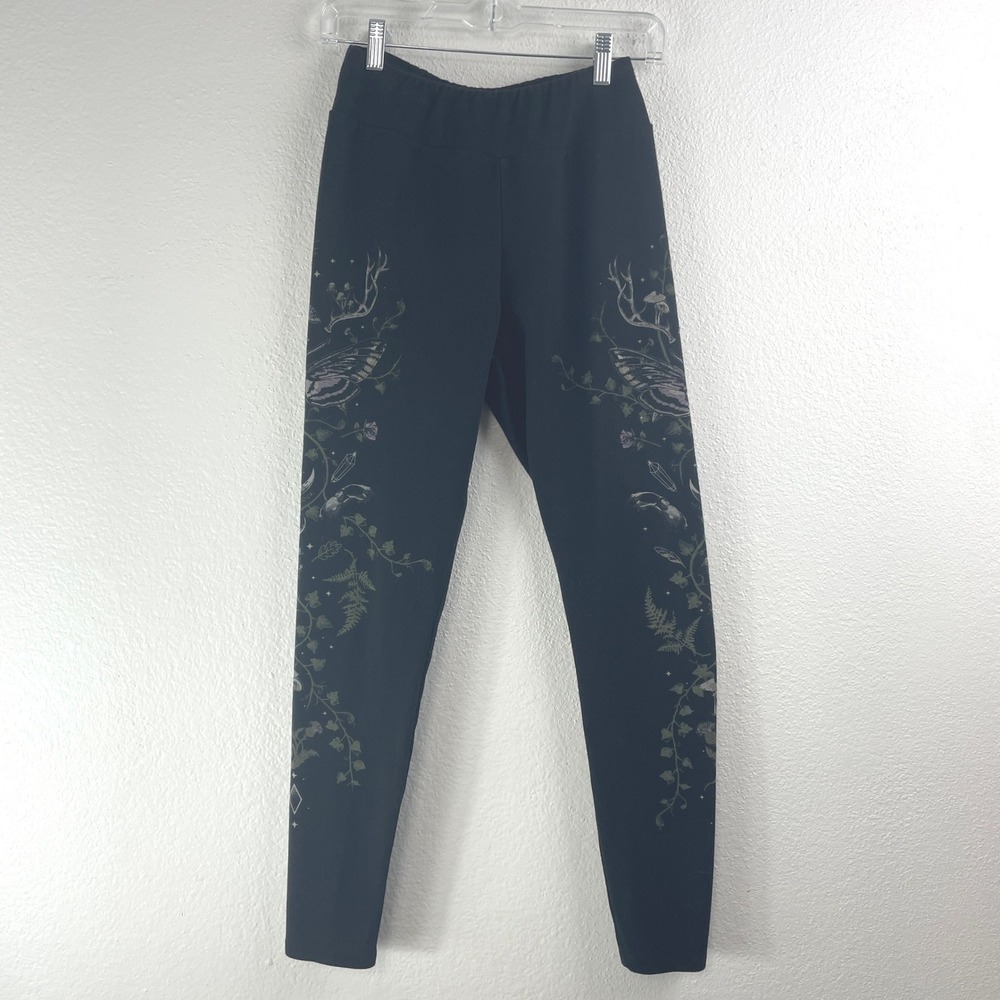 Midnight Hour Forest Witch Leggings Large Black Goth Celestial Moons Mushroom